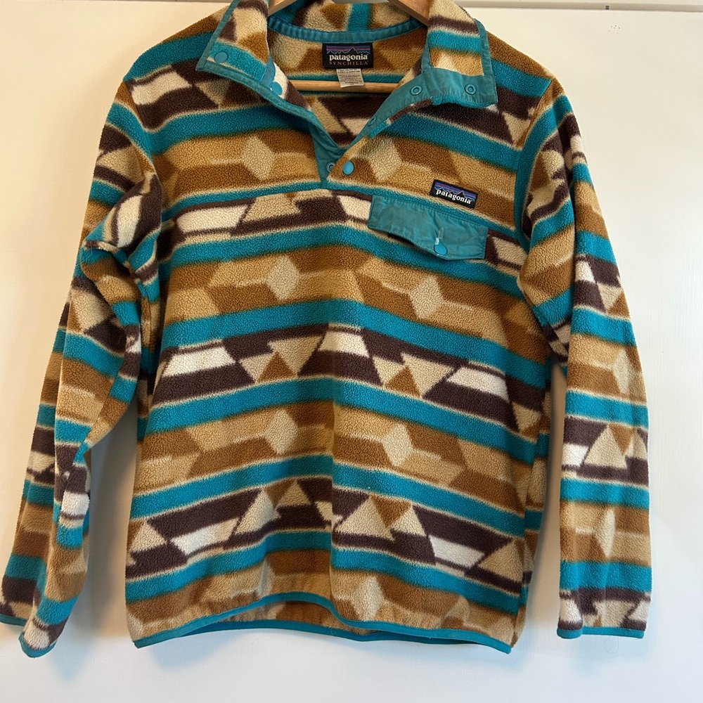 Patagonia Women’s Geometric Fleece Synchilla - Teal and Brown